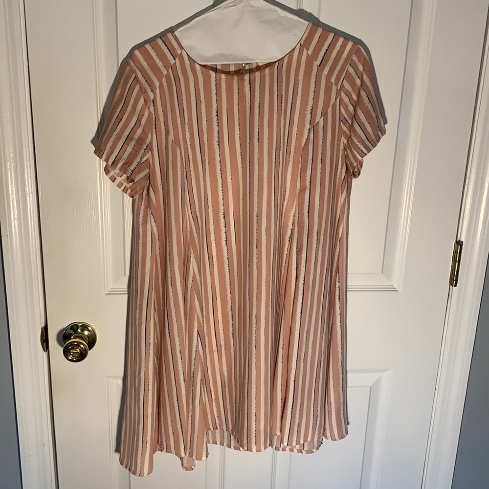 light pink, cream, and blue striped dress